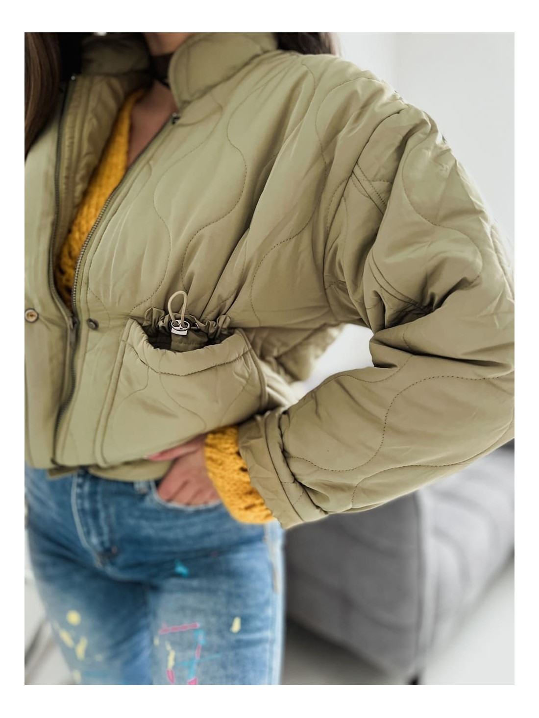 Women\'s quilted jacket with a stand-up collar, olive green SF13 - Online store - Boutique